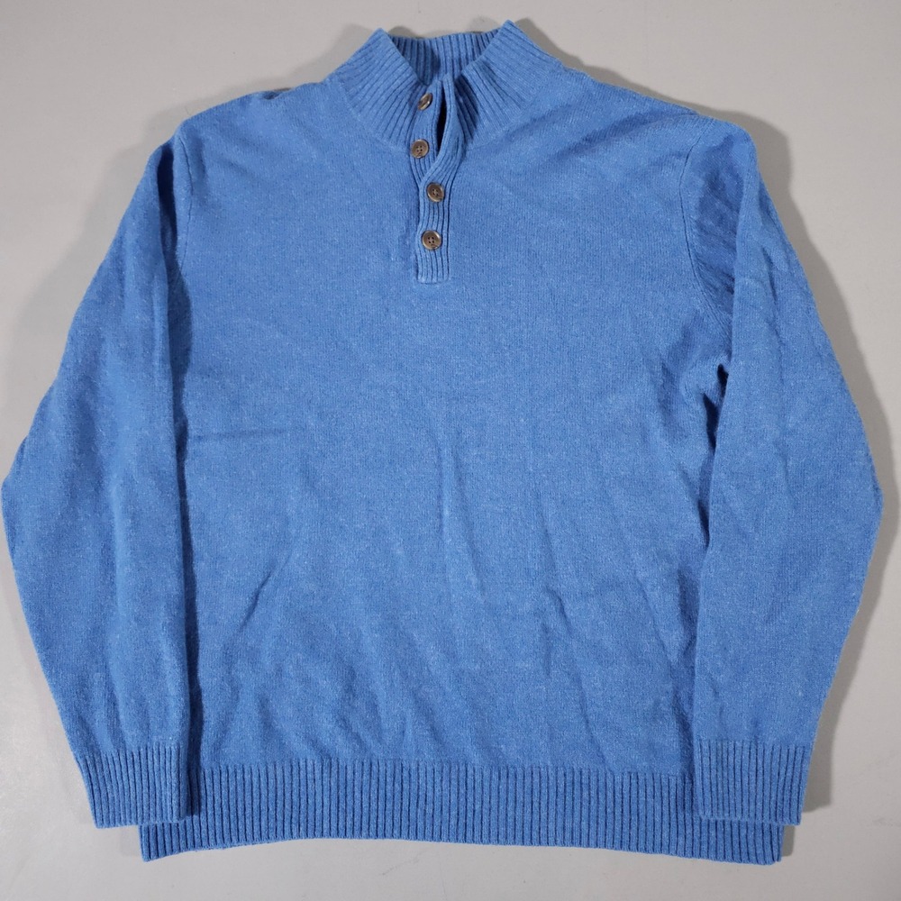 Lands' End Sweater Mens XL Blue Lambswool Cashmere Mock Neck Button 177771